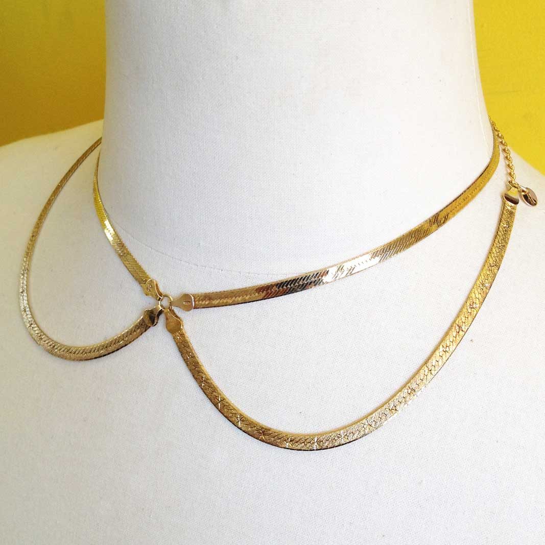 Herringbone Bib Choker #5 is made from vintage gold-plated sterling silver Herringbone chain