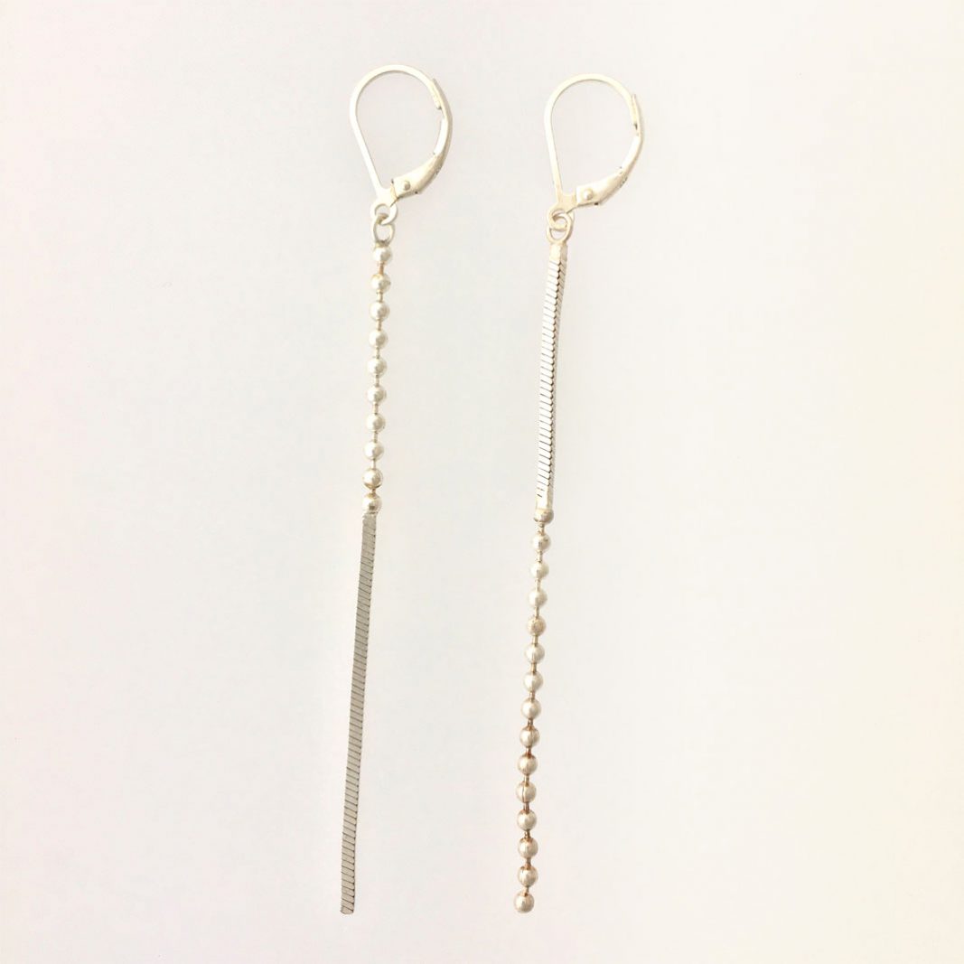 Golden Ratio Earrings #34 are made from vintage Sterling silver Snake and Bead chain.