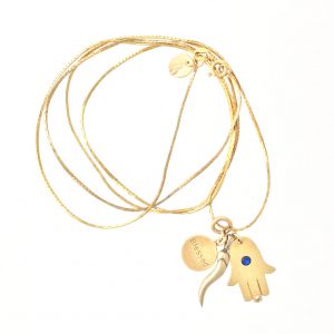 Lucky Charm Necklace #5 is made from vintage gold-plated sterling silver chain and three vintage gold-plated sterling silver charms with symbols that are supposed to bring luck.