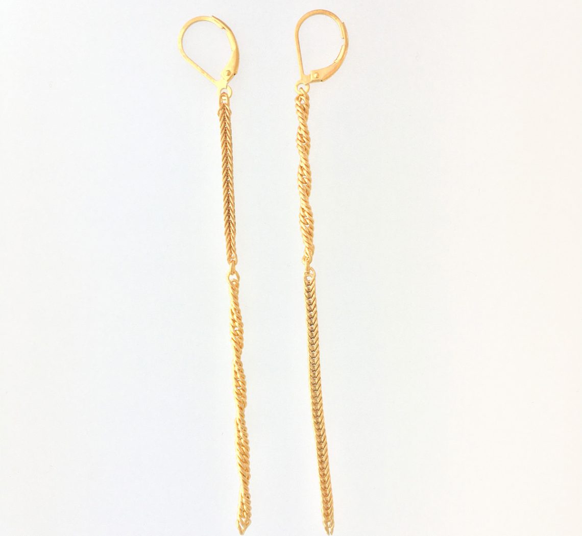 Golden Ratio Earrings #33 made from gold-plated vintage Sterling silver Foxtail and twisted Curb chain