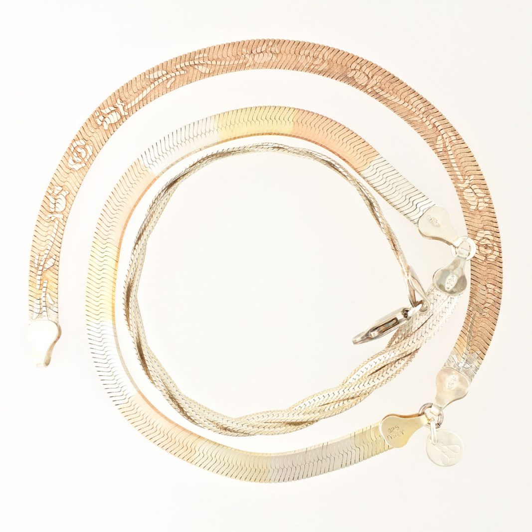 Herringbone Jewelry #359, made from vintage (rose gold plated) sterling silver elements.