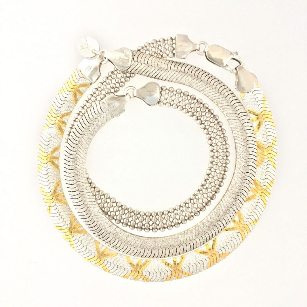 Herringbone Jewelry #358, made from (gold-plated) vintage sterling silver elements.