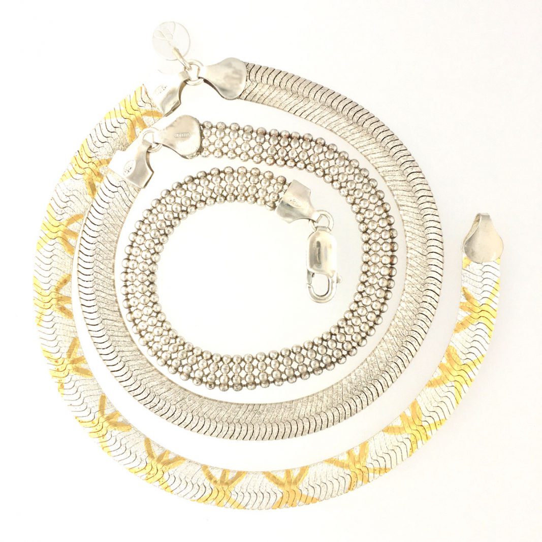 Herringbone Jewelry #358, made from (gold-plated) vintage sterling silver elements.