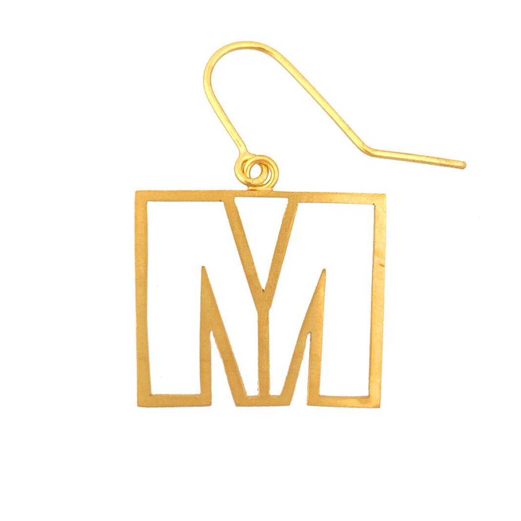 Alphabet Earring "M": Gold plated brass with gold filled ear wire.